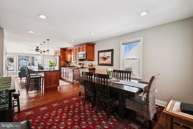 dining room featuring sink and dark hardwood / wood-style flooring