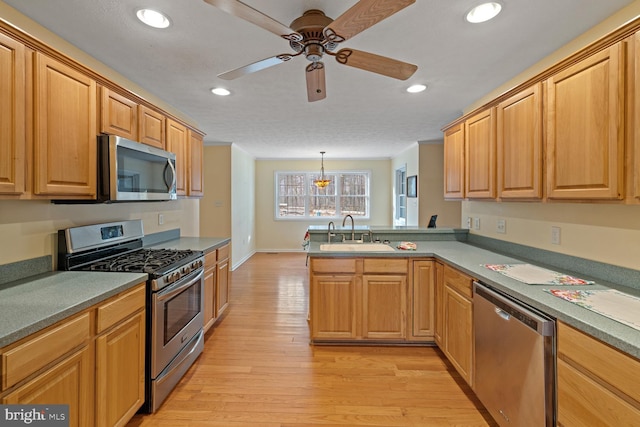 kitchen featuring sink, hanging light fixtures, light hardwood / wood-style floors, kitchen peninsula, and stainless steel appliances