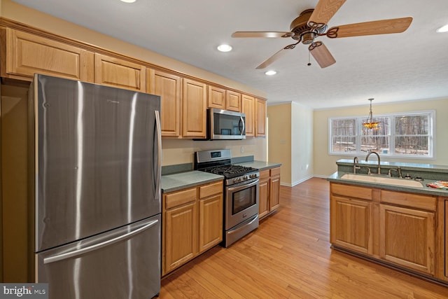 kitchen with sink, hanging light fixtures, light wood-type flooring, appliances with stainless steel finishes, and ceiling fan with notable chandelier