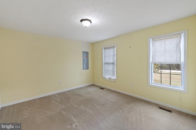 carpeted empty room with electric panel and a textured ceiling