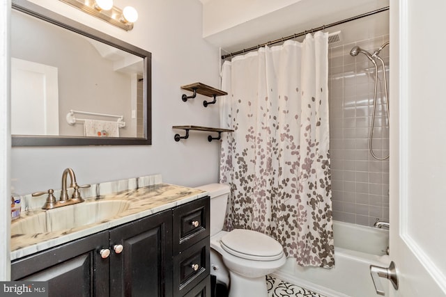 full bathroom featuring toilet, vanity, and shower / tub combo with curtain