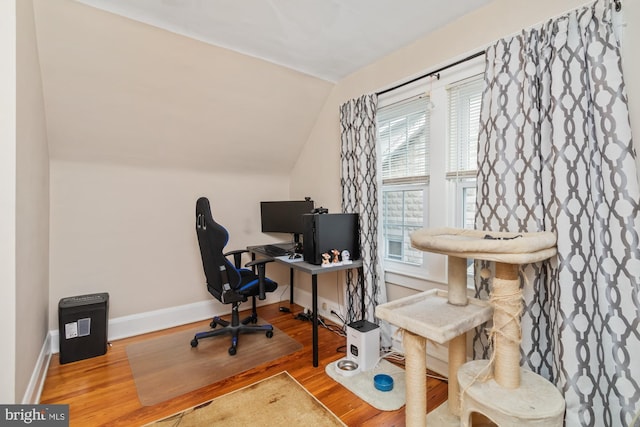 office space featuring hardwood / wood-style flooring, lofted ceiling, and plenty of natural light