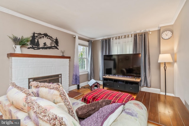 living room featuring wood-type flooring, a fireplace, and ornamental molding