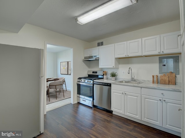 kitchen with white cabinetry, sink, dark hardwood / wood-style floors, a textured ceiling, and appliances with stainless steel finishes