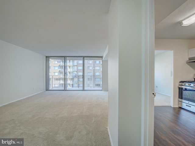 unfurnished living room with floor to ceiling windows and carpet floors