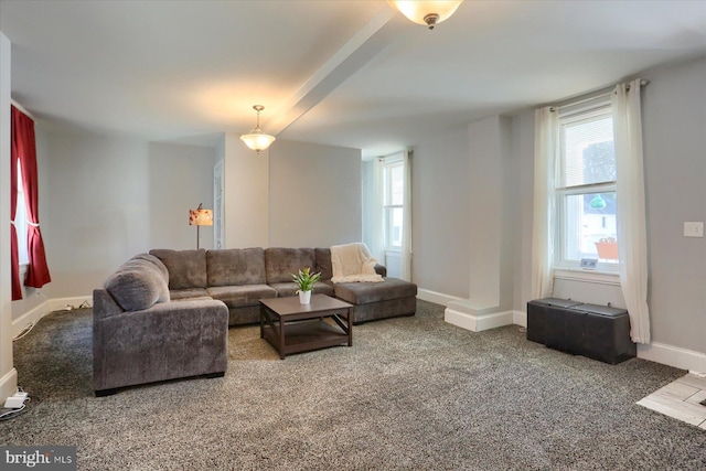 living room with baseboards and carpet flooring