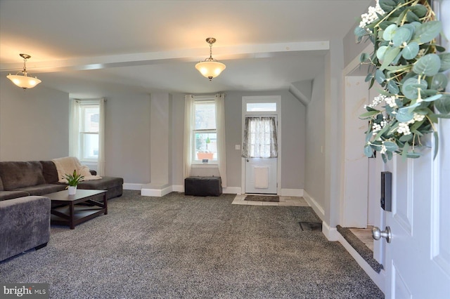 carpeted foyer entrance featuring baseboards, plenty of natural light, and visible vents