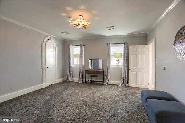 sitting room with crown molding, carpet, visible vents, and baseboards