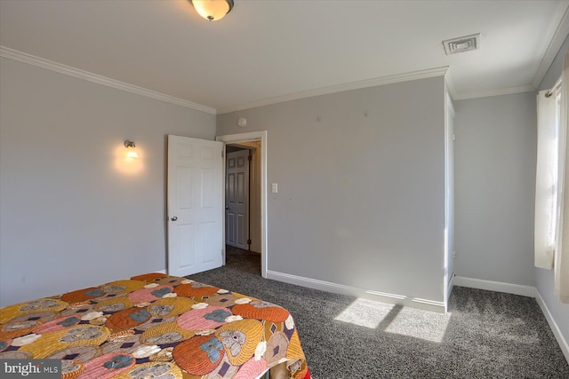 bedroom featuring crown molding, baseboards, visible vents, and dark carpet