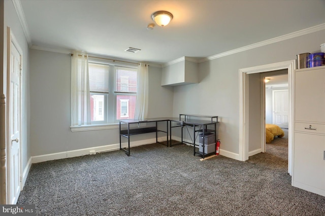 office space with crown molding, carpet, visible vents, and baseboards