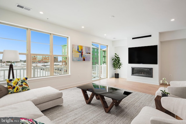 living room featuring light wood-type flooring and a healthy amount of sunlight