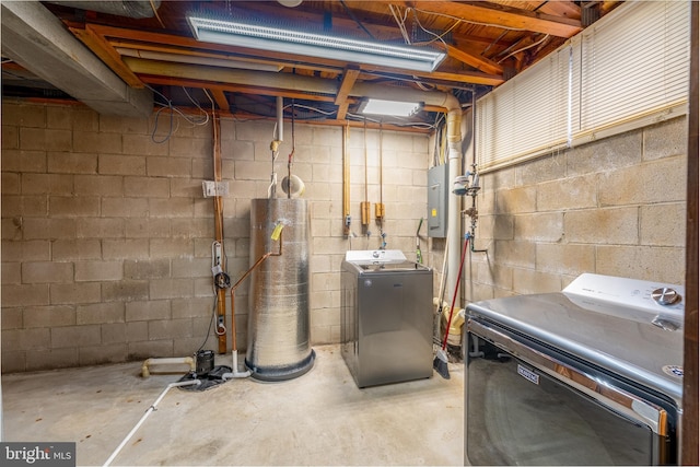 interior space featuring water heater, washer and clothes dryer, and electric panel