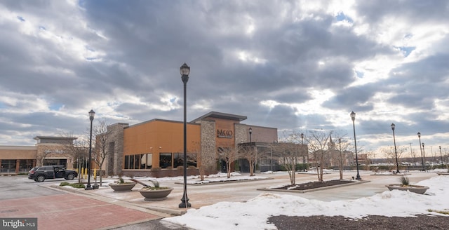 view of snow covered building