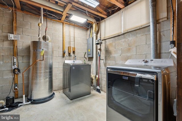 utility room with electric panel, water heater, and washing machine and clothes dryer