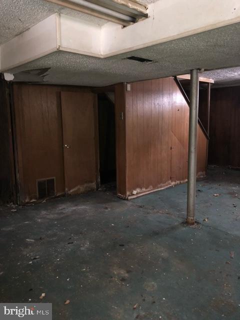 basement with wood walls