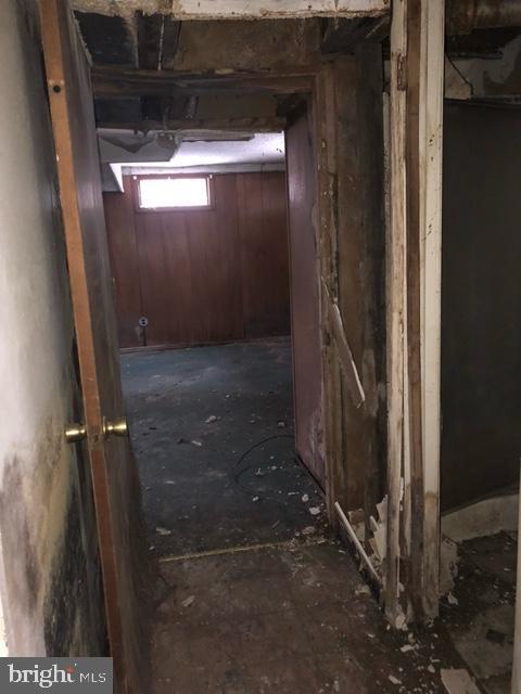 basement featuring wood walls