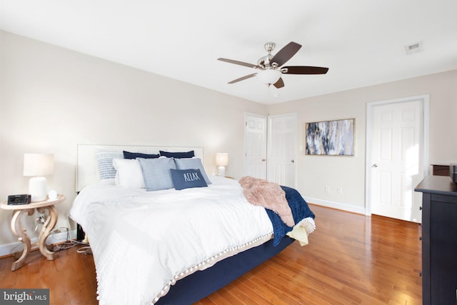 bedroom with ceiling fan and wood-type flooring