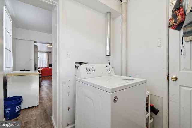 laundry area featuring dark wood-type flooring and washer / dryer