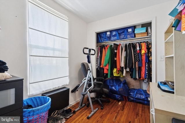 exercise area featuring dark wood-type flooring