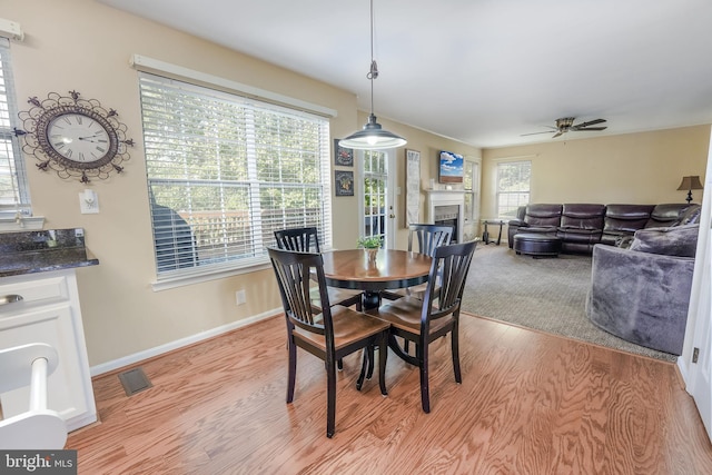 dining space with ceiling fan and light hardwood / wood-style floors