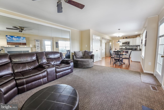 living room featuring ceiling fan and light hardwood / wood-style flooring