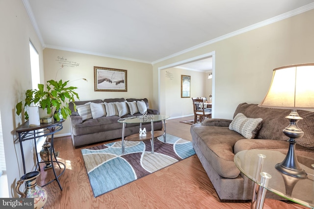 living room featuring wood-type flooring and ornamental molding