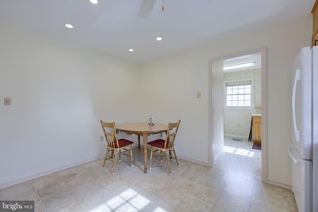 dining area featuring a ceiling fan, recessed lighting, and baseboards