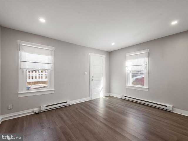 unfurnished room featuring a baseboard radiator and dark wood-type flooring