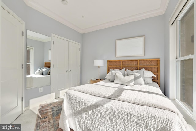 carpeted bedroom featuring a closet and crown molding