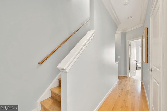 stairway with hardwood / wood-style floors and crown molding