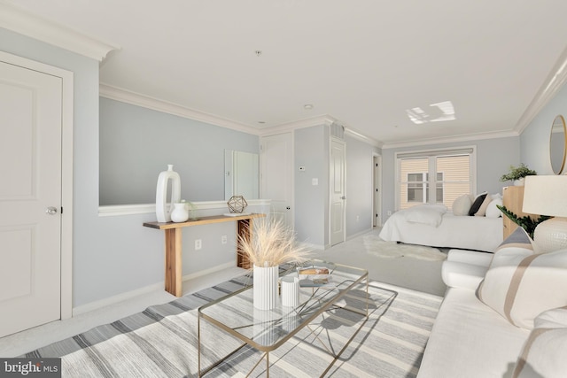 living room featuring ornamental molding and light colored carpet