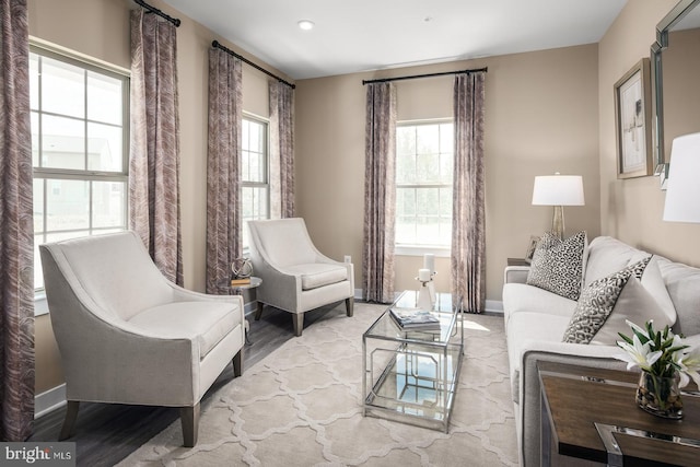 living room with plenty of natural light and light hardwood / wood-style flooring