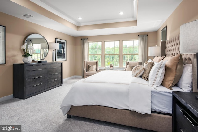 bedroom with light carpet and a tray ceiling