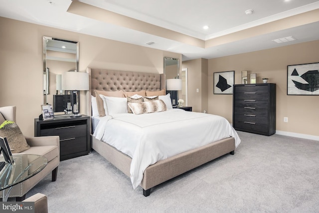 carpeted bedroom with a raised ceiling