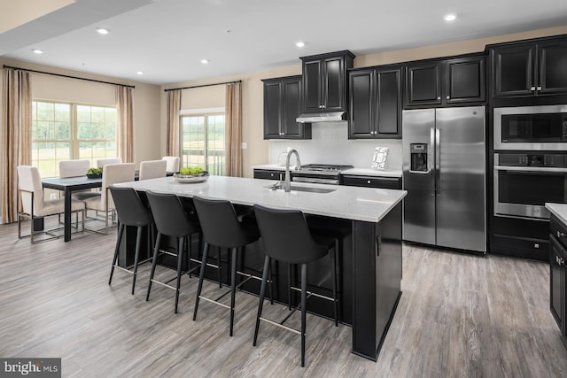 kitchen featuring sink, appliances with stainless steel finishes, a kitchen breakfast bar, an island with sink, and light hardwood / wood-style floors