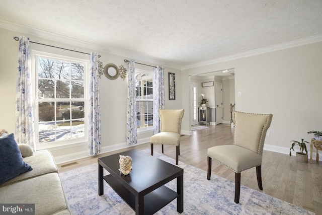 living room with a healthy amount of sunlight, light hardwood / wood-style floors, crown molding, and a textured ceiling