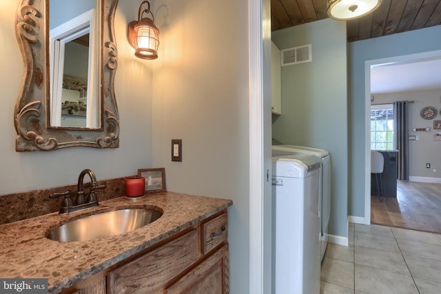 bathroom with wood ceiling, tile patterned floors, and vanity