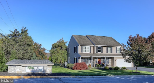 colonial-style house with a porch and a front yard