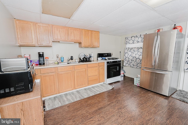 kitchen featuring gas stove, dark hardwood / wood-style flooring, light brown cabinets, and stainless steel refrigerator