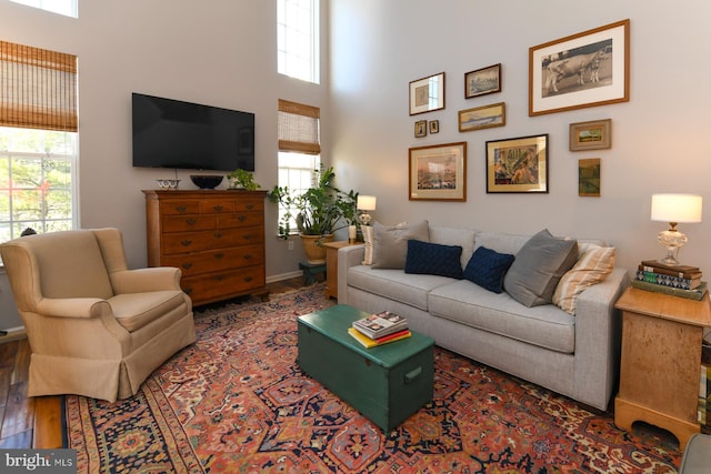 living room with dark hardwood / wood-style flooring, a towering ceiling, and a healthy amount of sunlight