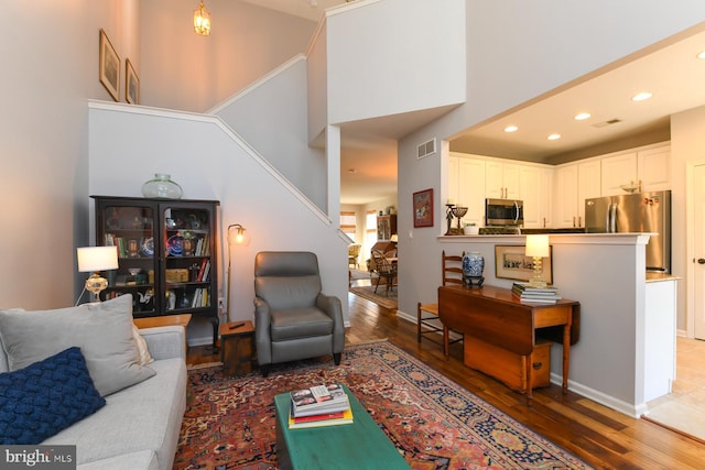 living room with a high ceiling and hardwood / wood-style floors