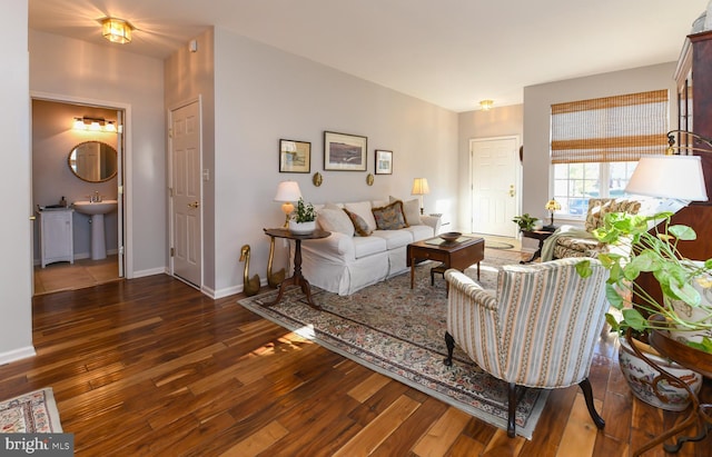 living room featuring dark wood-type flooring