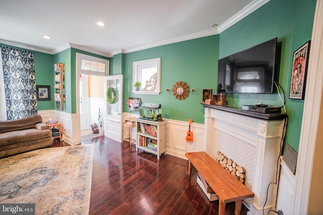 interior space with crown molding and dark hardwood / wood-style flooring