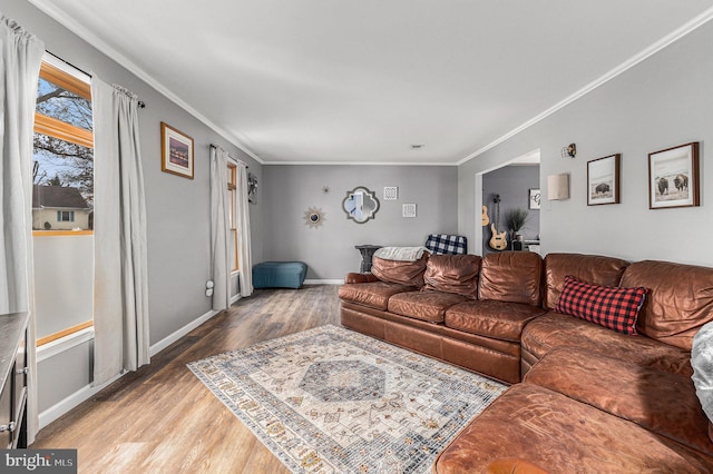 living room with ornamental molding and hardwood / wood-style flooring