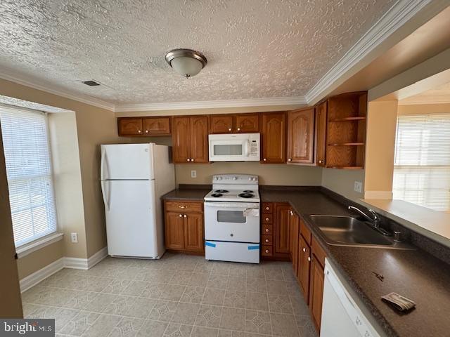 kitchen with white appliances, sink, a wealth of natural light, and ornamental molding