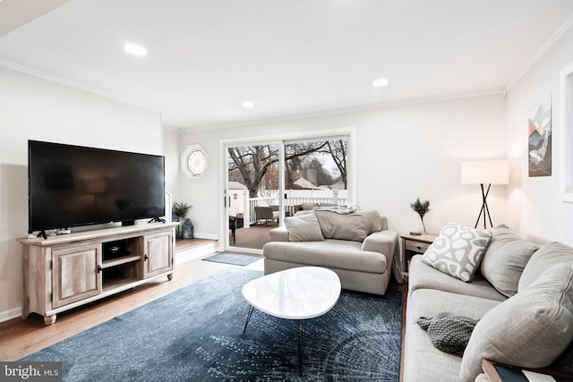 living room featuring light wood-type flooring and crown molding