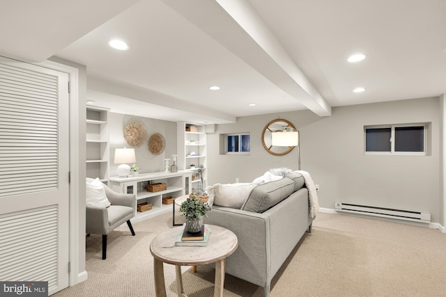 living room with recessed lighting, a baseboard radiator, beam ceiling, and light colored carpet