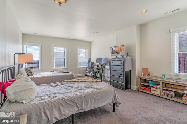 bedroom featuring multiple windows and carpet flooring