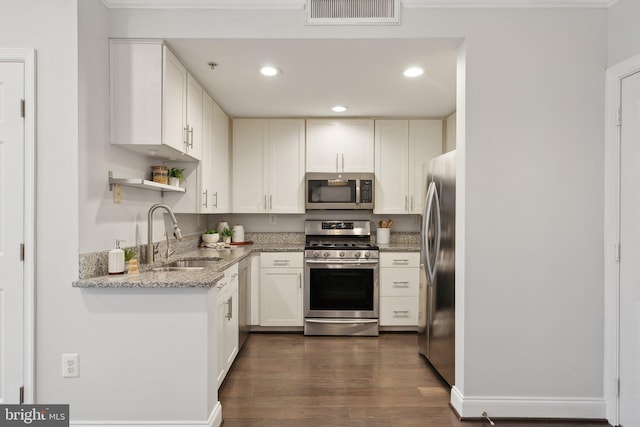 kitchen featuring white cabinetry, sink, light stone counters, dark hardwood / wood-style floors, and appliances with stainless steel finishes