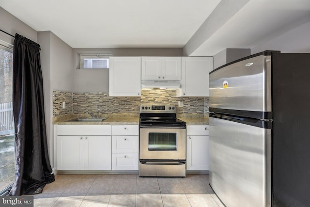 kitchen with white cabinets, stainless steel appliances, and backsplash